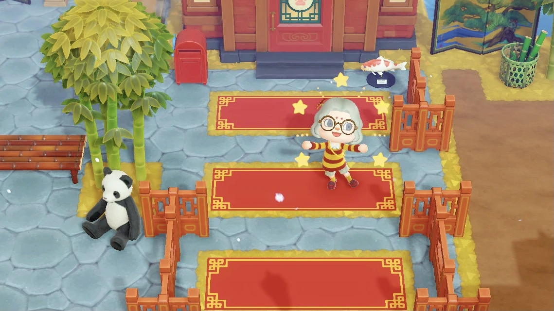 Animal Crossing courtyard with three custom red carpet tiles