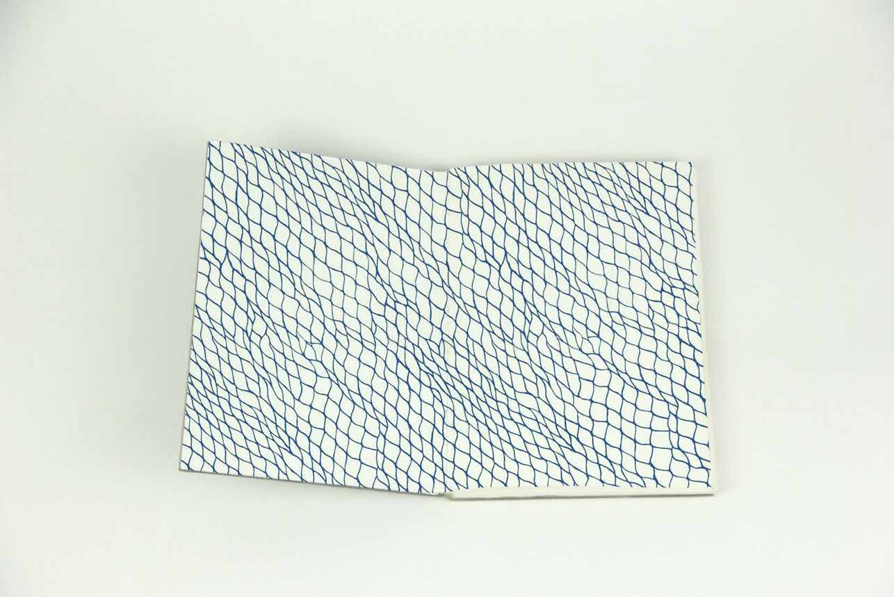 Endpaper spread covered by a blue fishing-net pattern