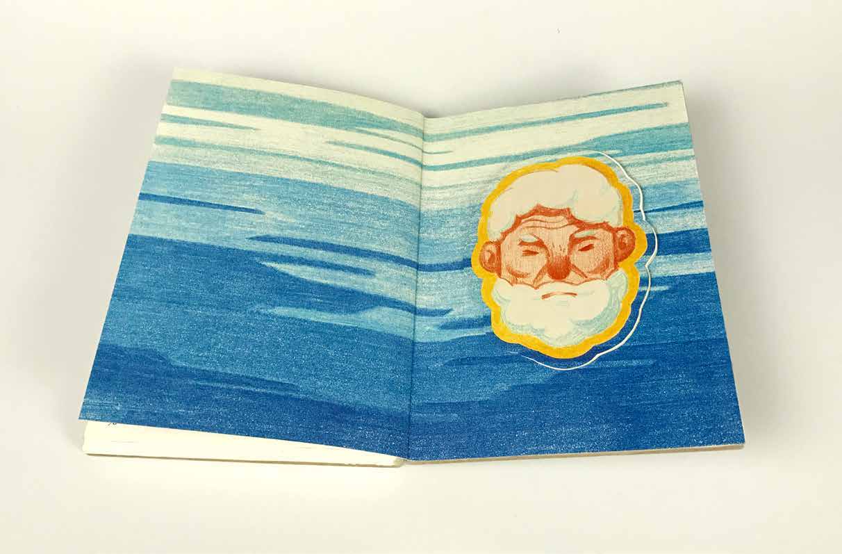 Colored-pencil illustration of an old man surrounded by blue waves