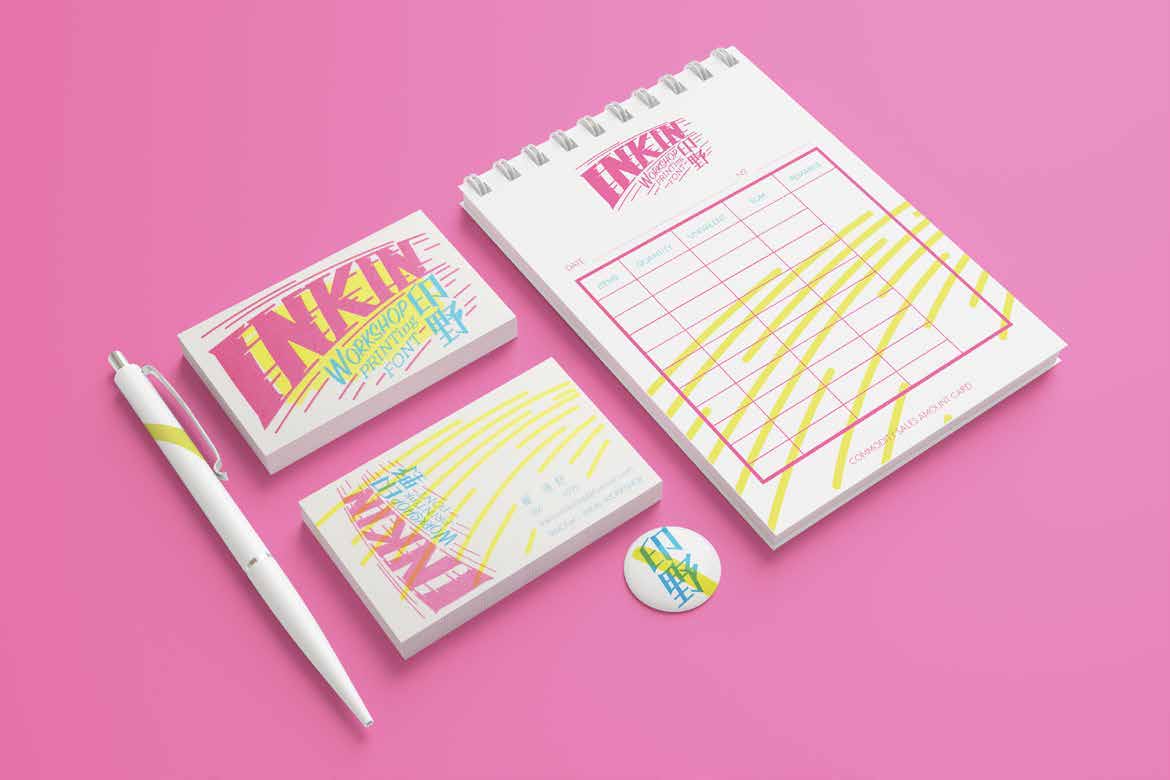 INKIN planner business cards pen and circular badge
