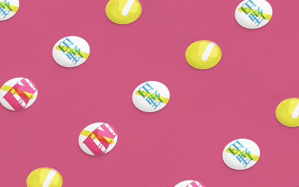Circular INKIN badges arranged on a magenta background