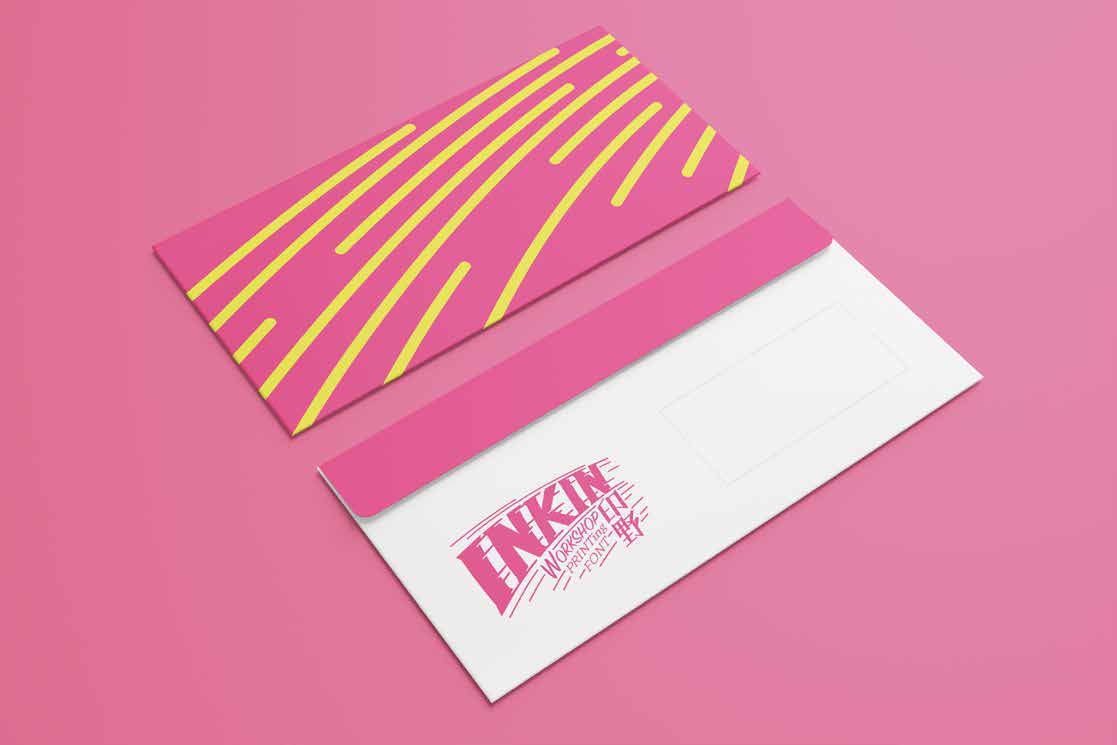 Magenta and white INKIN envelope shown open and closed