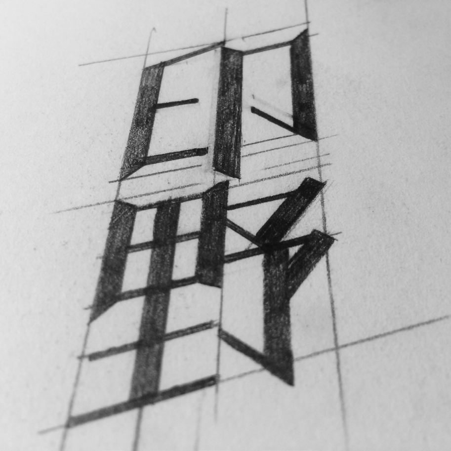 Pencil construction drawing of a geometric Chinese character mark