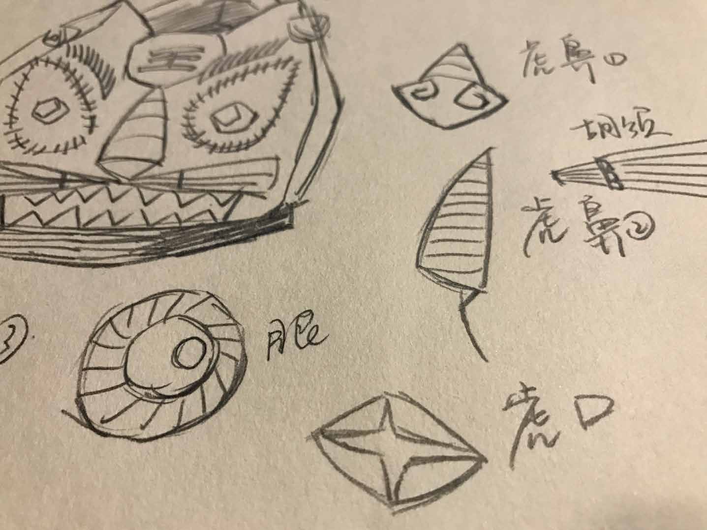 Pencil sketches of a tiger face ears eyes and nose