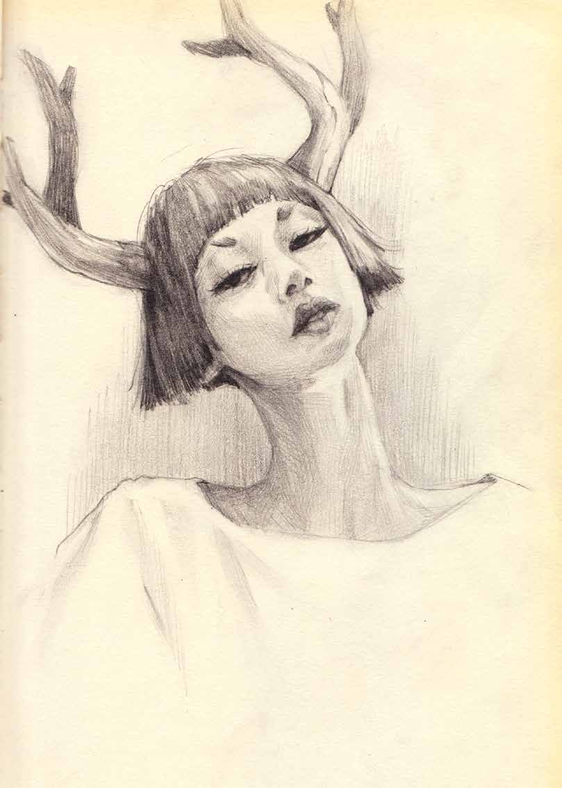 Graphite portrait of a woman framed by antler-like branches