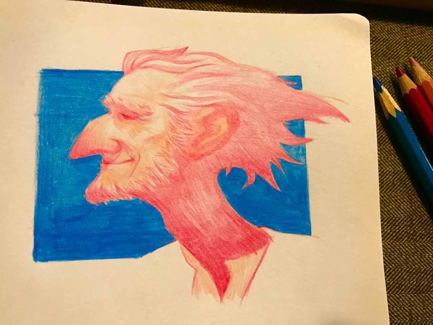 Coral and blue colored-pencil profile of a bearded man